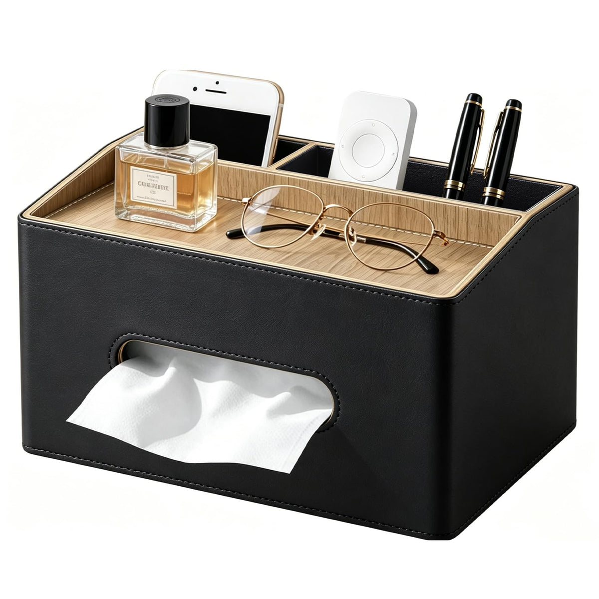 PU Leather Tissue Box Holder Rectangle,Facial Tissue Cover with Tray on Top