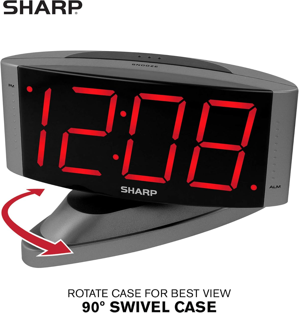 Sharp Outlet-Powered Alarm Clock with Swivel Base, Red LED, Gunmetal Grey