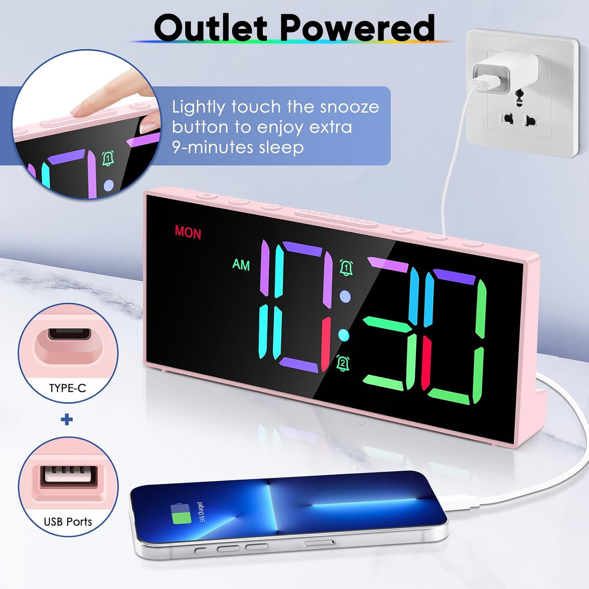 Digital Alarm Clocks,Large Big Numbers Cute clocks for Bedrooms,college dormitories,Teens,Modern Décor Plug in Clock with USB Charger Port Adjustable 3-Levels volume,5 Dimmers,Battery Backup (Pink)