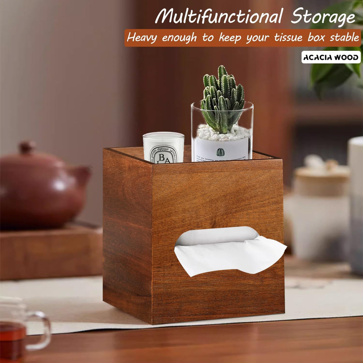 Square Tissue Box Cover with Storage Tray, Acacia Wood Tissue Box Holder