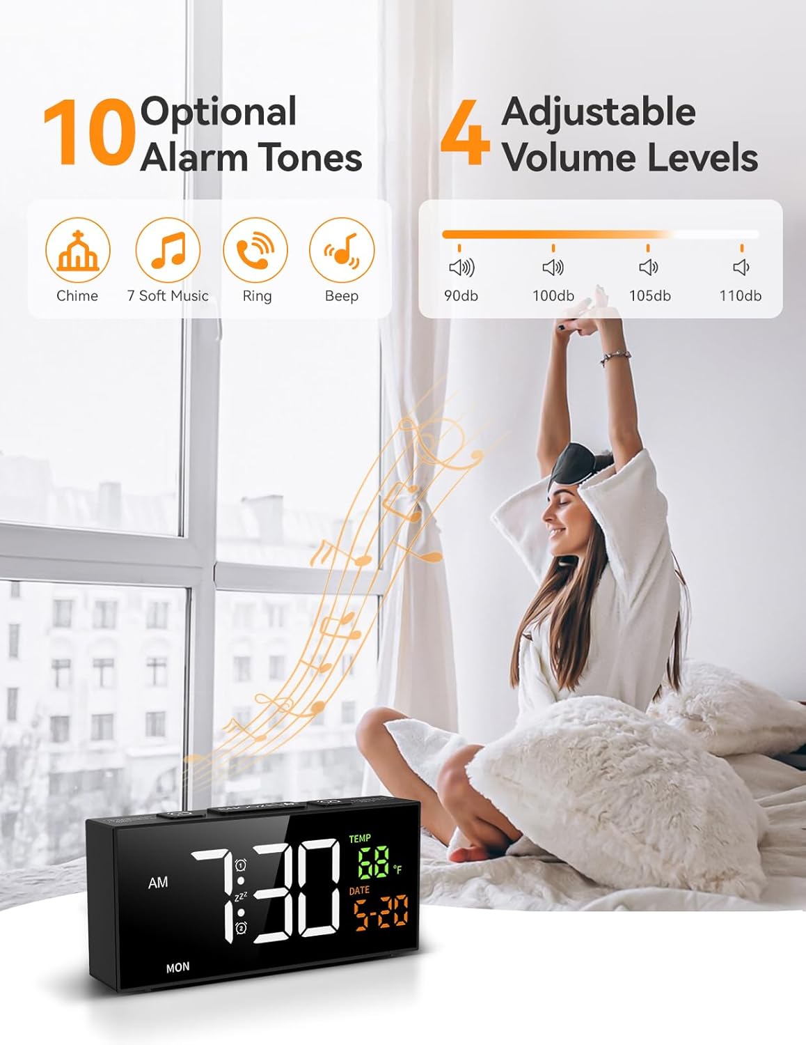 Netzu Alarm Clocks for Bedrooms, Digital Clock with Date Temperature and Weekday, Manual DST, Snooze, 2 Alarms, 4 Volumes for Living Room Home Bedside Desk (Black)