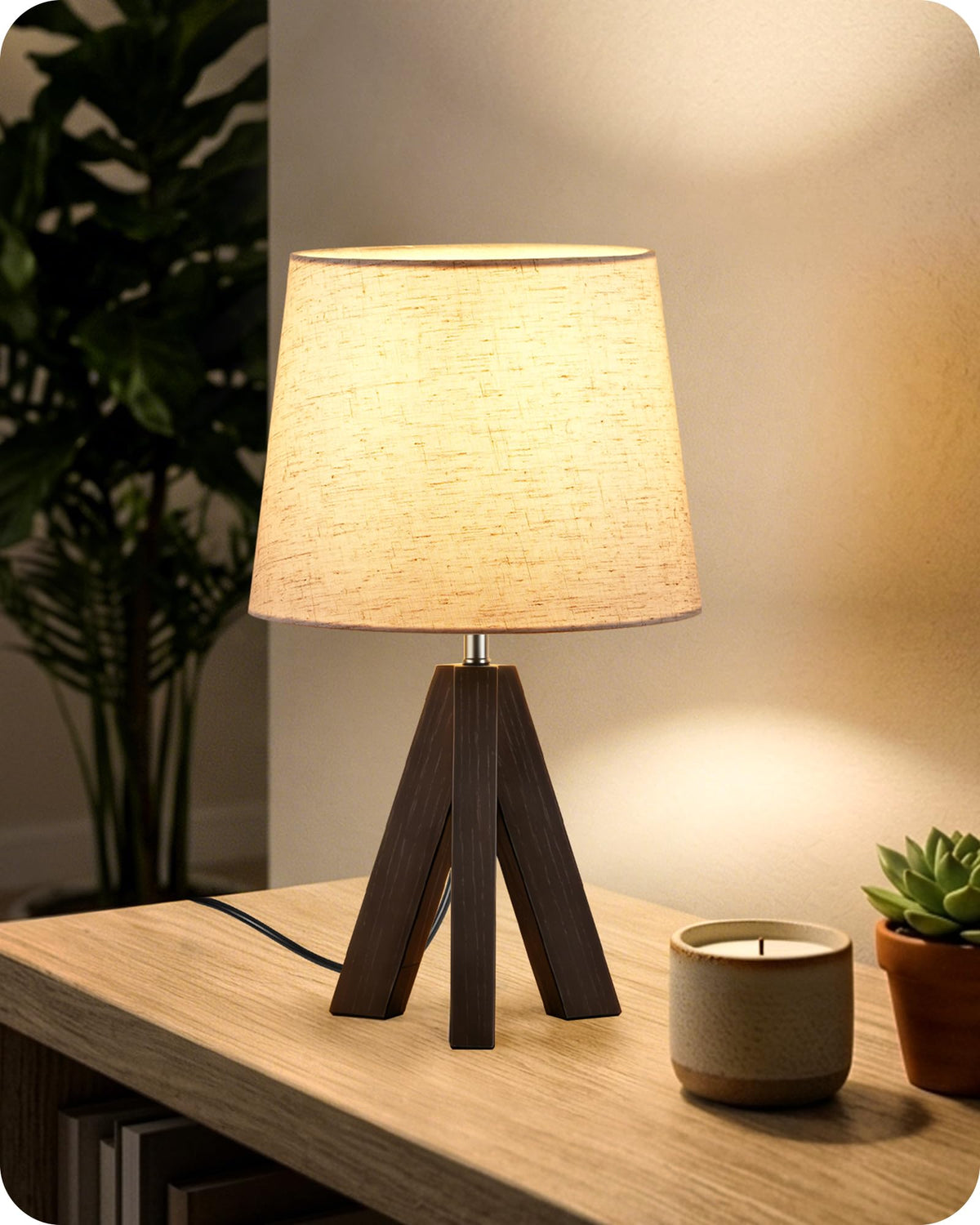 Tripod Table Lamp, 14.6 Inch Small Bedside Lamp with Beige Linen Shade, Modern Nightstand Lamp for Bedroom, Kids Room, Living Room, Nursery, Office, E26 Socket, Dark Wood Base, LE51TL05