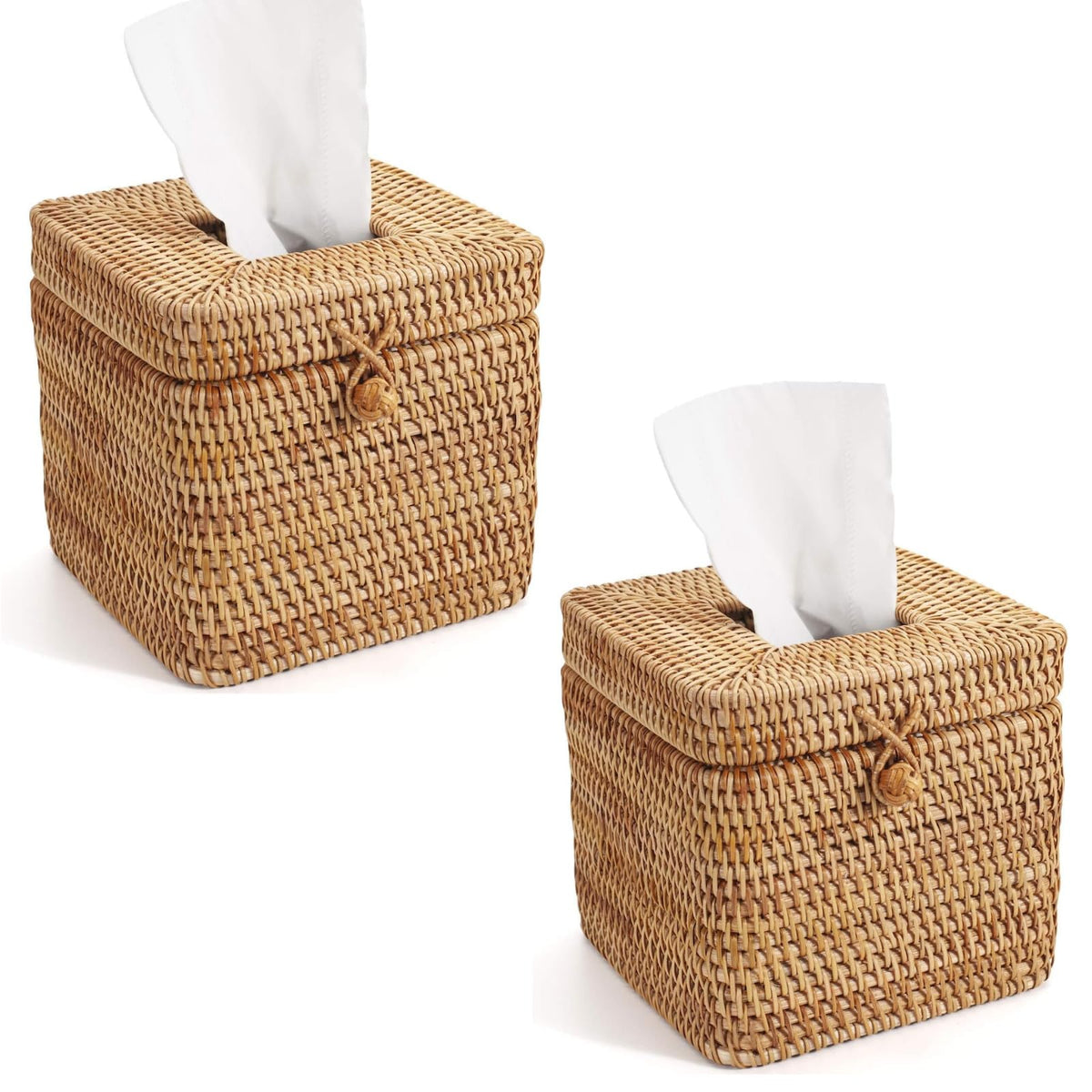 Rattan Square Tissue Box Cover, 5.7" x 5.7" x 5", Decorative Woven Facial Tissue Holder with Hinged Top Lid, Natural Color