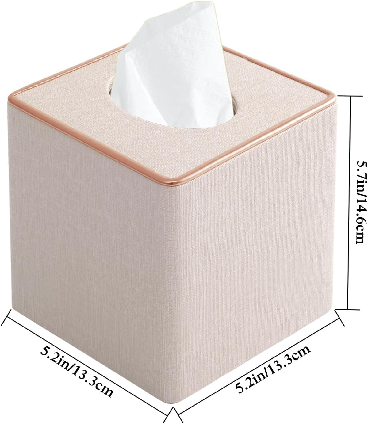 Linen Square Tissue Box Cover,Cube Tissue Box Holder－Excellent Rosegold Leather Decoration,Table Napkin Case Dispenser,Facial Tissues Organizer with Magnetic Bottom for Home Office Car(Beige)