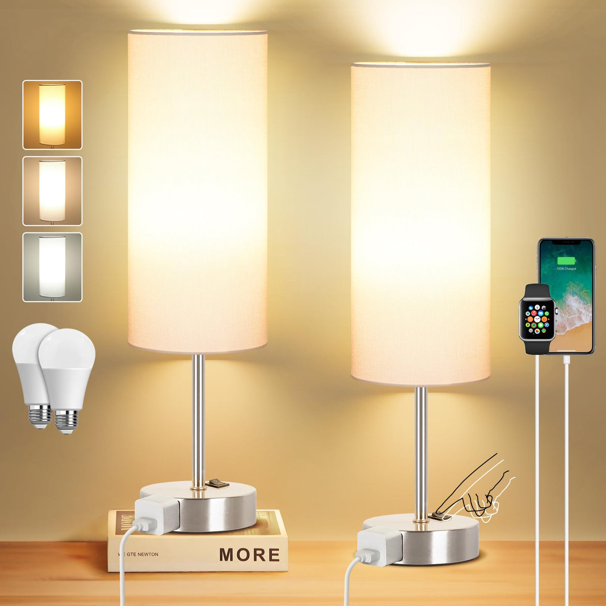 ZJOJO Table Lamp Set of 2, 13.8" Bedside Small Lamp for Bedroom Nightstand