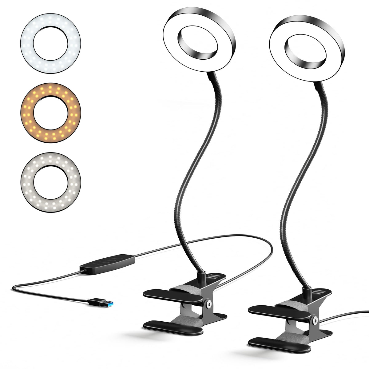LED Desk Lamp Clip on Light with 3 Color Modes 10 Brightness Ring/Clamp Light 360° Adjustable Neck Dimmable Eye Protection Desk Lamps for Home Office