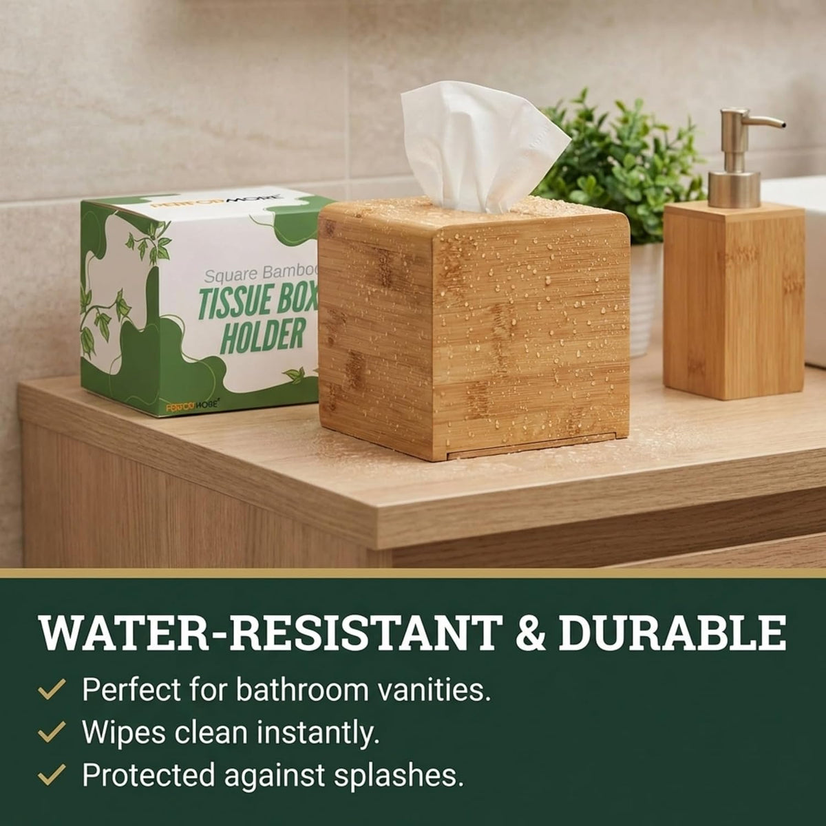 Performore Square Bamboo Tissue Box Cover - Stylish Water-Resistant Wooden Facial Tissue Holder for Bathroom, Office Desk & Nightstand - Compact 6.3" x 5.51" x 5.51" Design
