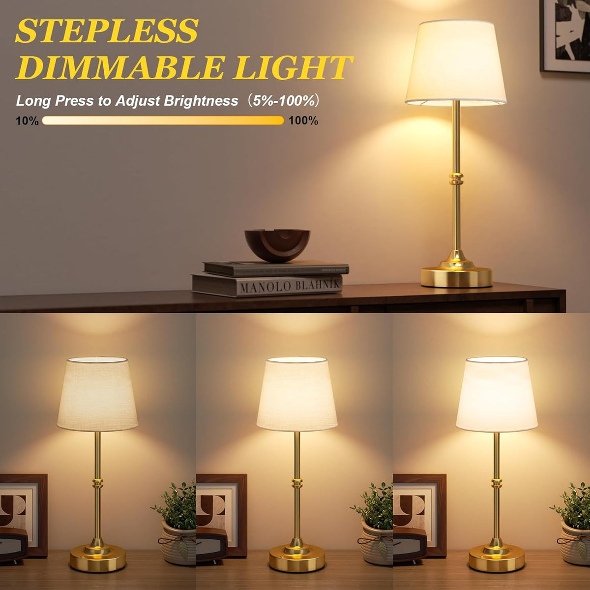 Kakanuo Cordless Table Lamp, Rechargeable Battery Operated, Brass, 1 Pack