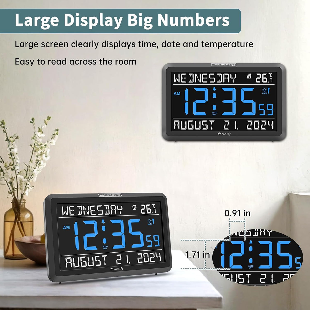 DreamSky Large Digital Clock with Date and Day of Week for Seniors