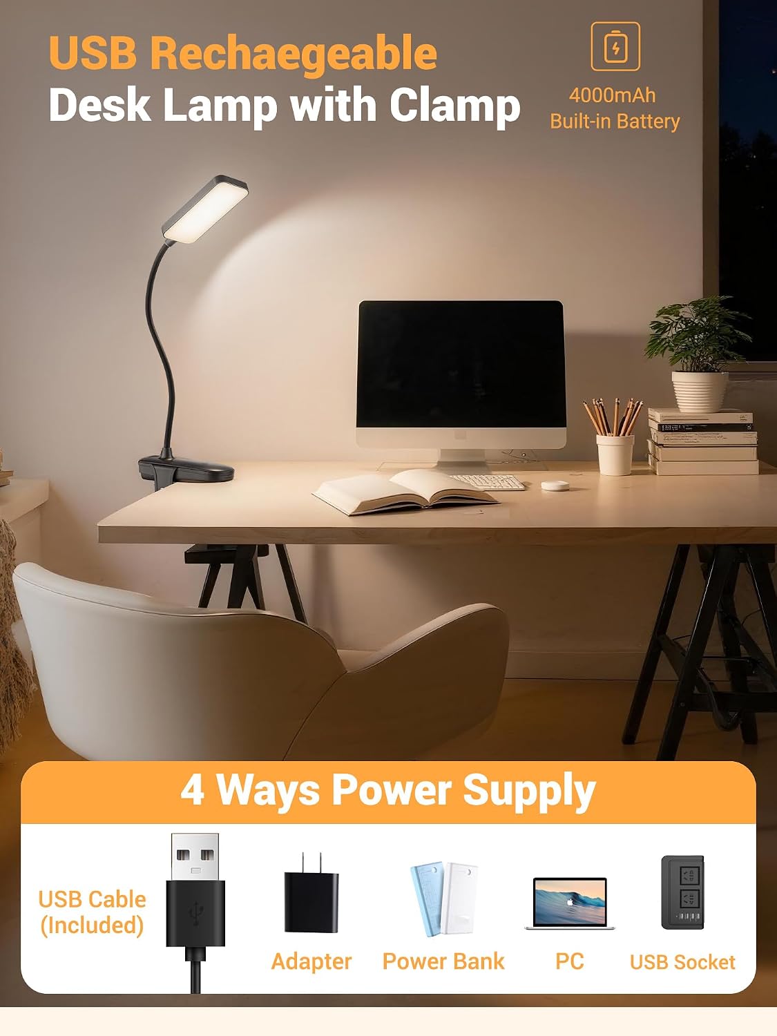 Clip on Light,9 Brightness+5 Color Rechargeable Lamp,48 LED Small Desk Lamp