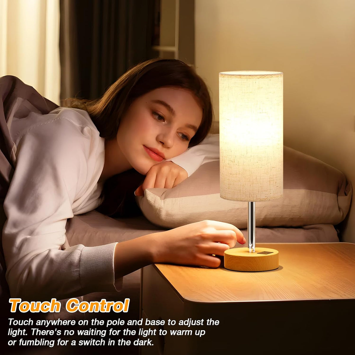 Dicoool Bedside Table Lamp for Bedroom - 3-Way Dimmable Touch Lamp, USB A+C