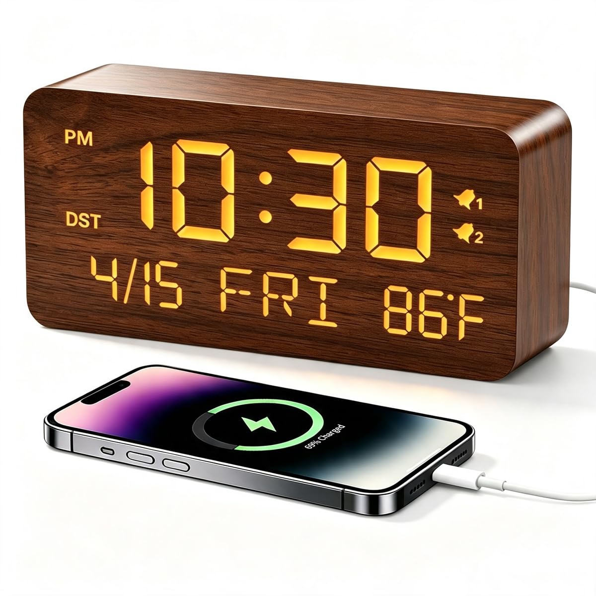 Premium Brown Wooden Digital Alarm Clock with Wireless Phone Charger, Dual USB Charging Ports, Dimmable LED Display, Date and Day of Week, Small Digital Desk Clock for Bedroom Nightstand Bedside Table