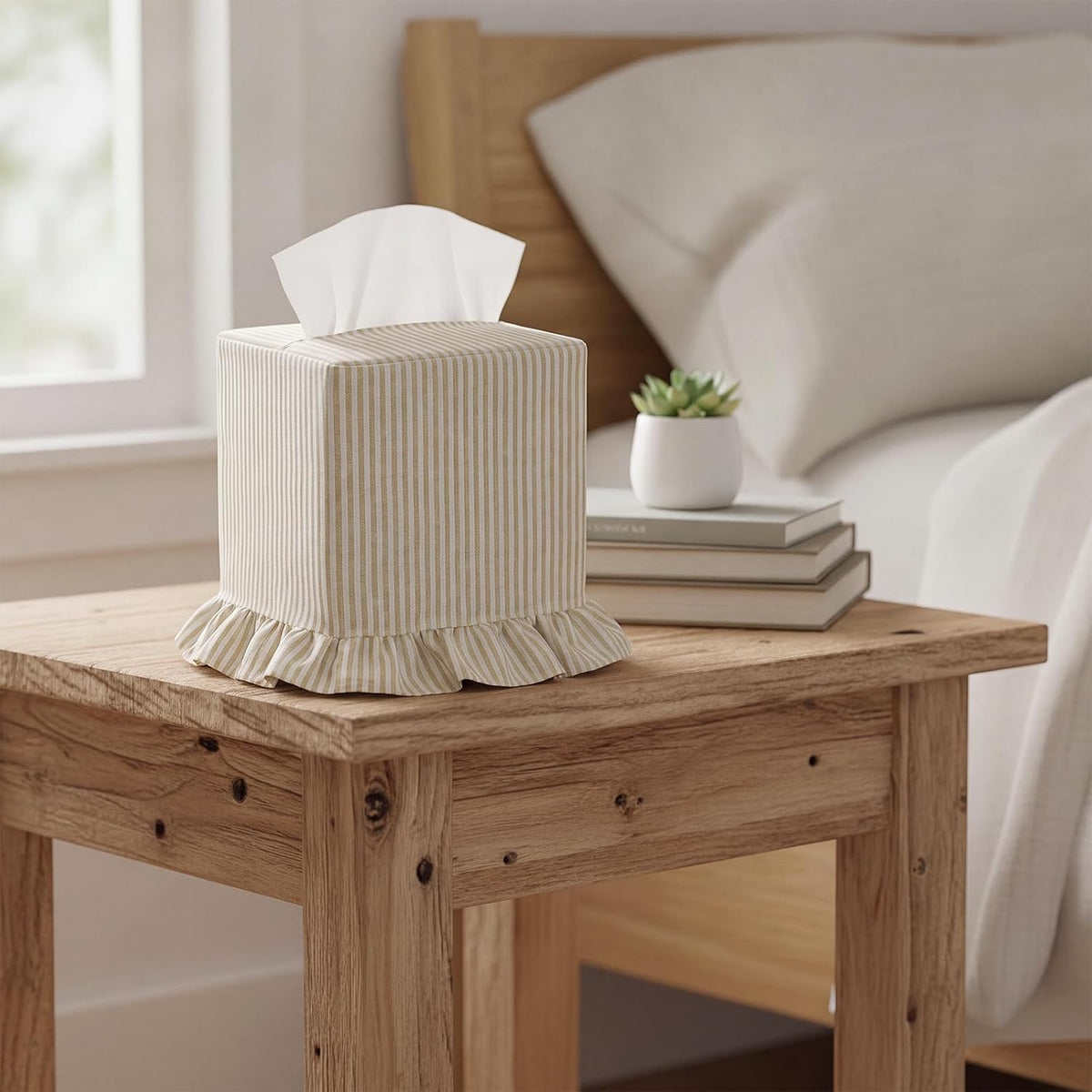 Sawysine Cream Striped Tissue Cover, Boho Ruffled Square Box Holder