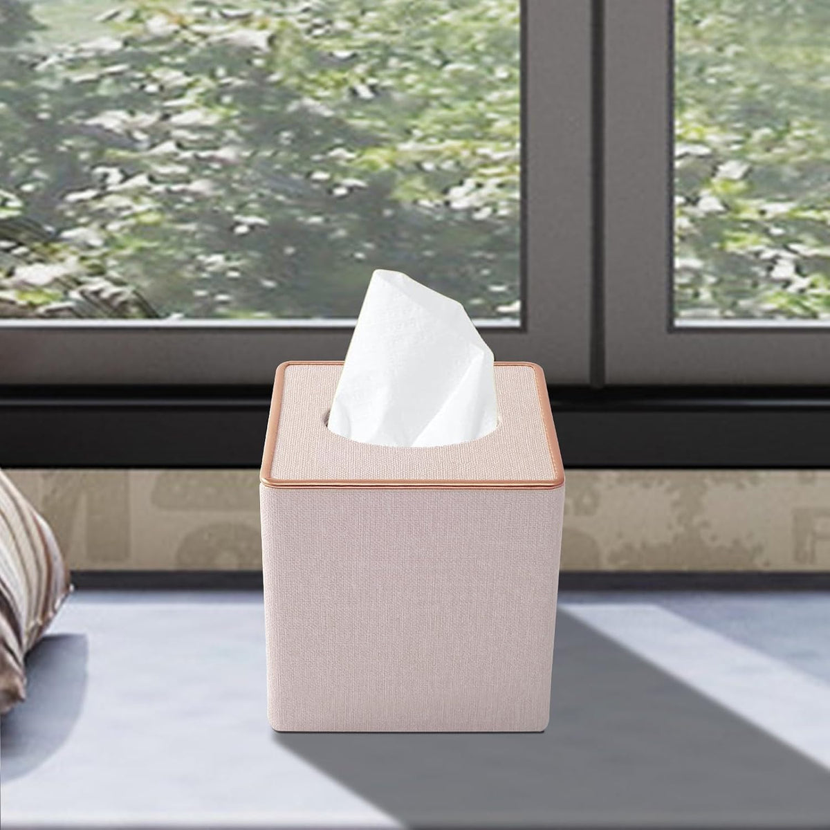 Linen Square Tissue Box Cover,Cube Tissue Box Holder－Excellent Rosegold Leather Decoration,Table Napkin Case Dispenser,Facial Tissues Organizer with Magnetic Bottom for Home Office Car(Beige)