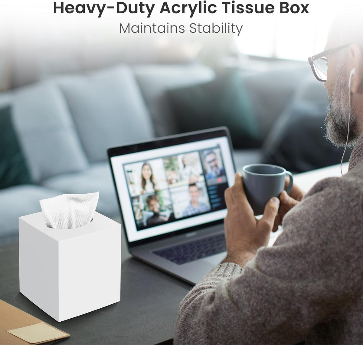 Tissue Box Cover, Square Plastic Tissue Holder with Non-Slip Base, White