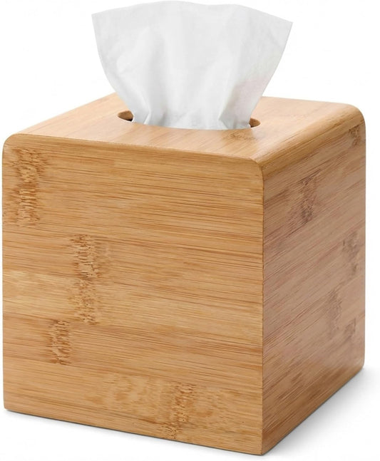 Performore Square Bamboo Tissue Box Cover - Stylish Water-Resistant Wooden Facial Tissue Holder for Bathroom, Office Desk & Nightstand - Compact 6.3" x 5.51" x 5.51" Design