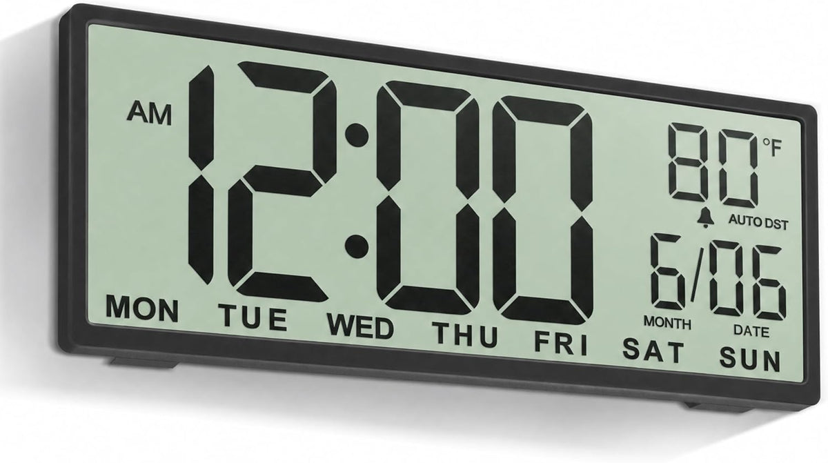 JALL Large Digital Wall Clock Battery Operated, Wall Clock with Big Numbers LCD Display, Digital Clock with Date Day Temperature, Alarm, Auto DST, Clocks for Classroom, Office, Bedroom, Elderly- Black
