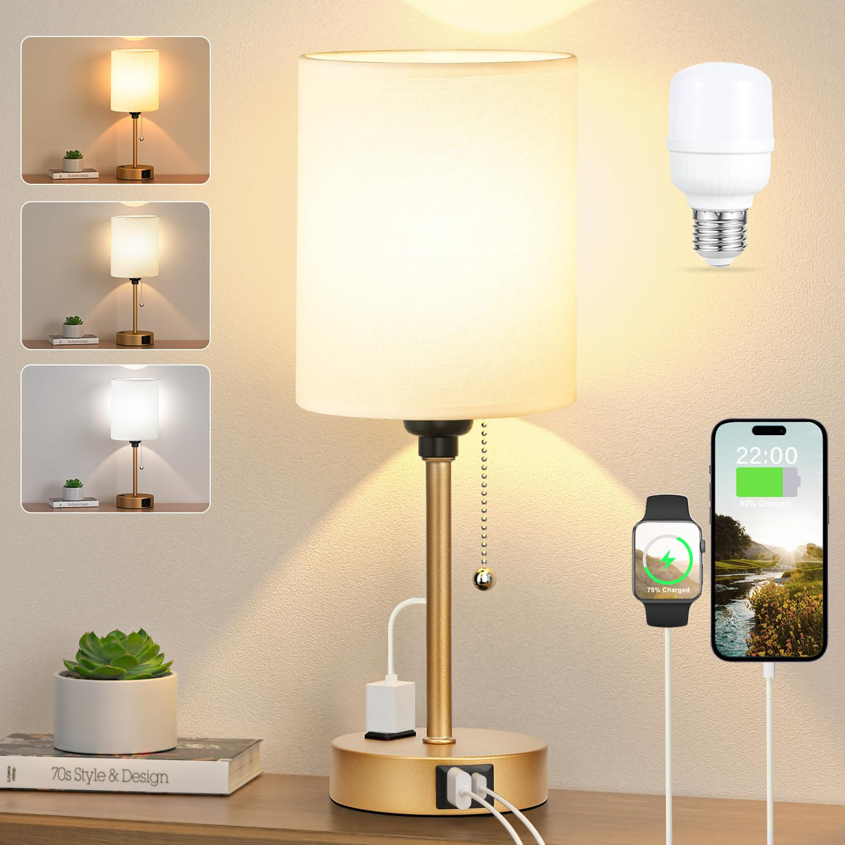 Dicoool Bedside Table Lamp for Bedroom - Small Desk Lamp with USB Ports