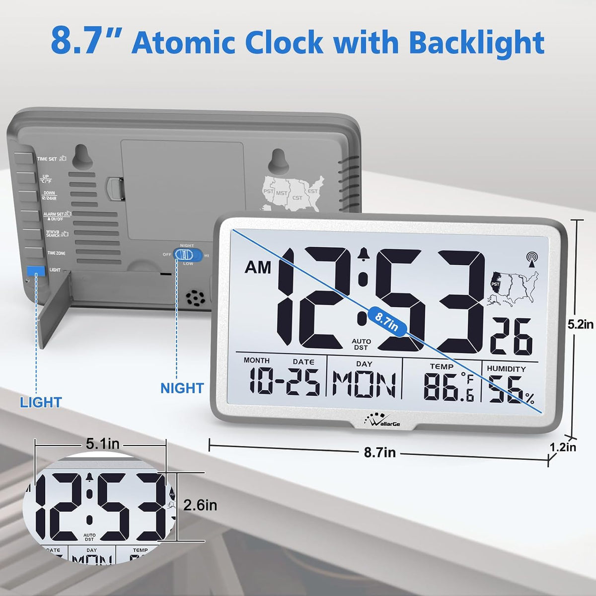 WallarGe Atomic Wall Clock with Backlight, Battery Operated