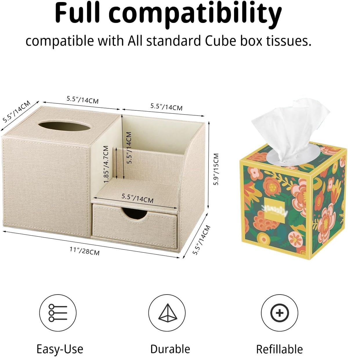 Nightstand Organizer with Tissue Holder,PU Leather Square Tissue Box Cover