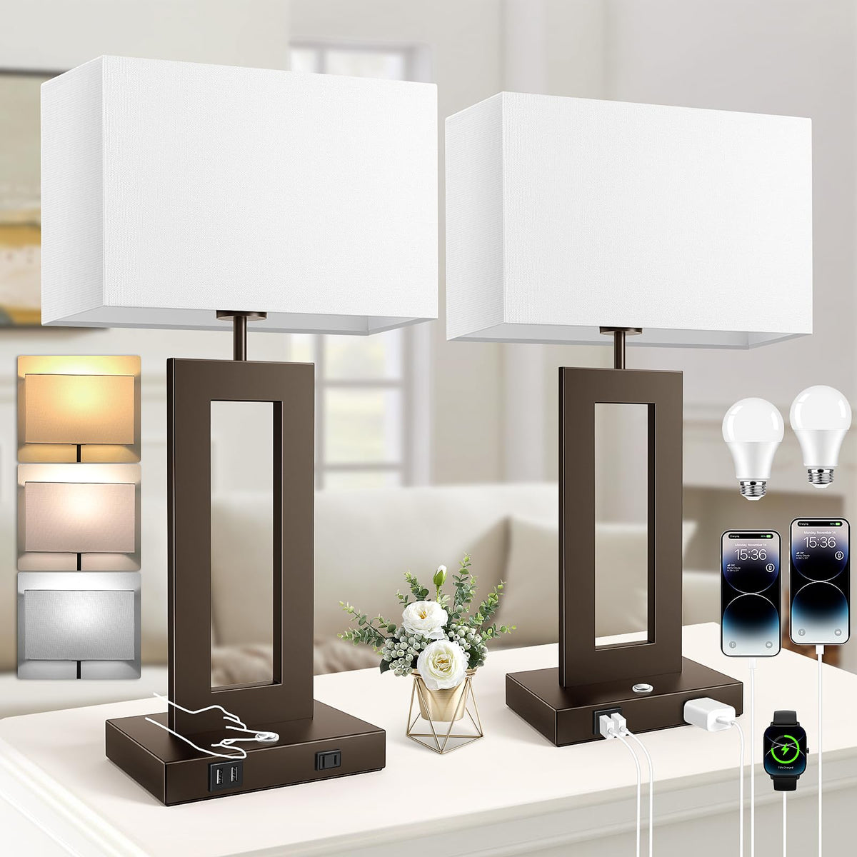 22’’ Touch Control Bedside Nightstand Lamps, Modern Table Lamps Set of 2