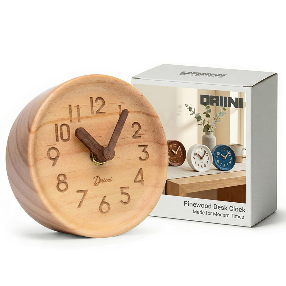 Driini Small, Silent Wooden Analog Desk Clock for Shelf or Table, Dark