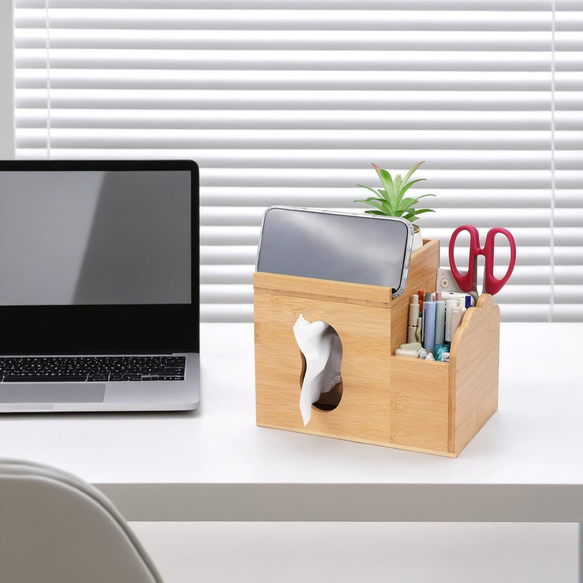 Tissue Box Cover with Storage Tray, Bamboo Multifunctional Square Tissue Holder with Makeup Organizer and Phone Holder, Remote Control Holder for Bathroom Desktop Dinner Table Bedroom