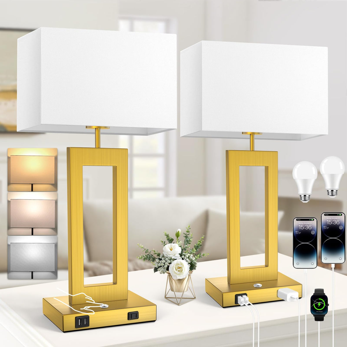 22’’ Touch Control Bedside Nightstand Lamps, Modern Table Lamps Set of 2