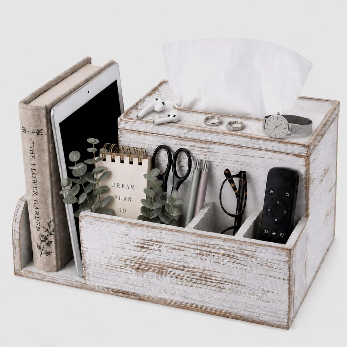 Wood Tissue Box Cover with 4 Compartments Storage,White, Pine