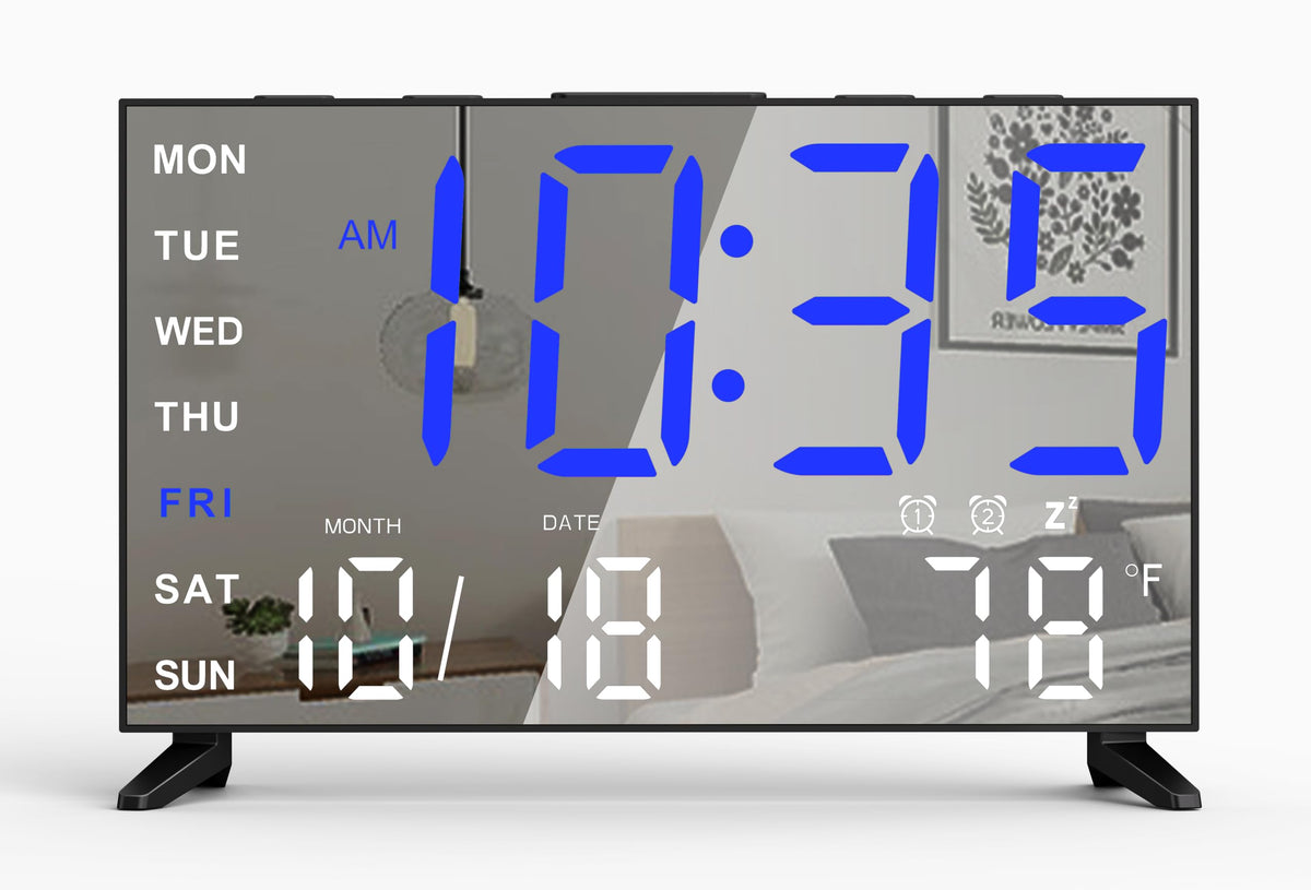 Mirror Digital Loud Alarm Clock with with Date,Indoor Temperature,USB Charging Port,Dimmer,Adjustable Volum,12/24H,Snooze,Dual Alarms (Weekday/Weekend),Perfect for Bedroom and Living Room