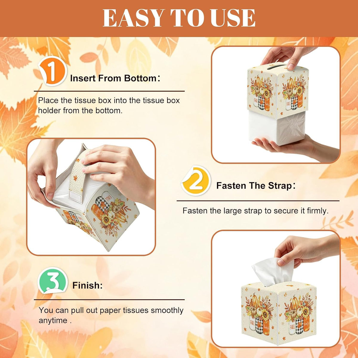 Fall Tissue Box Cover, Autumn Square Tissue Box Cover, PU Leather