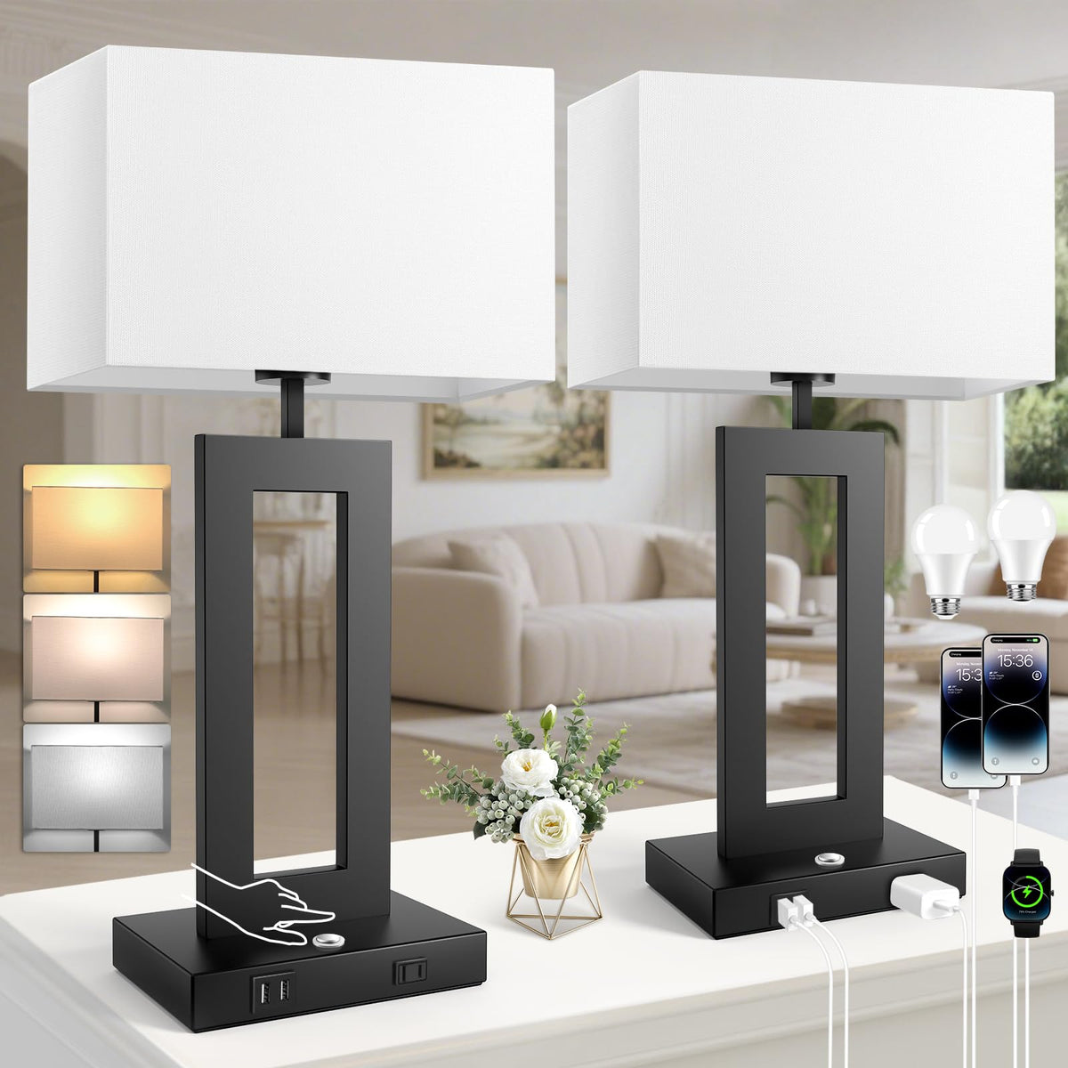 22’’ Touch Control Bedside Nightstand Lamps, Modern Table Lamps Set of 2