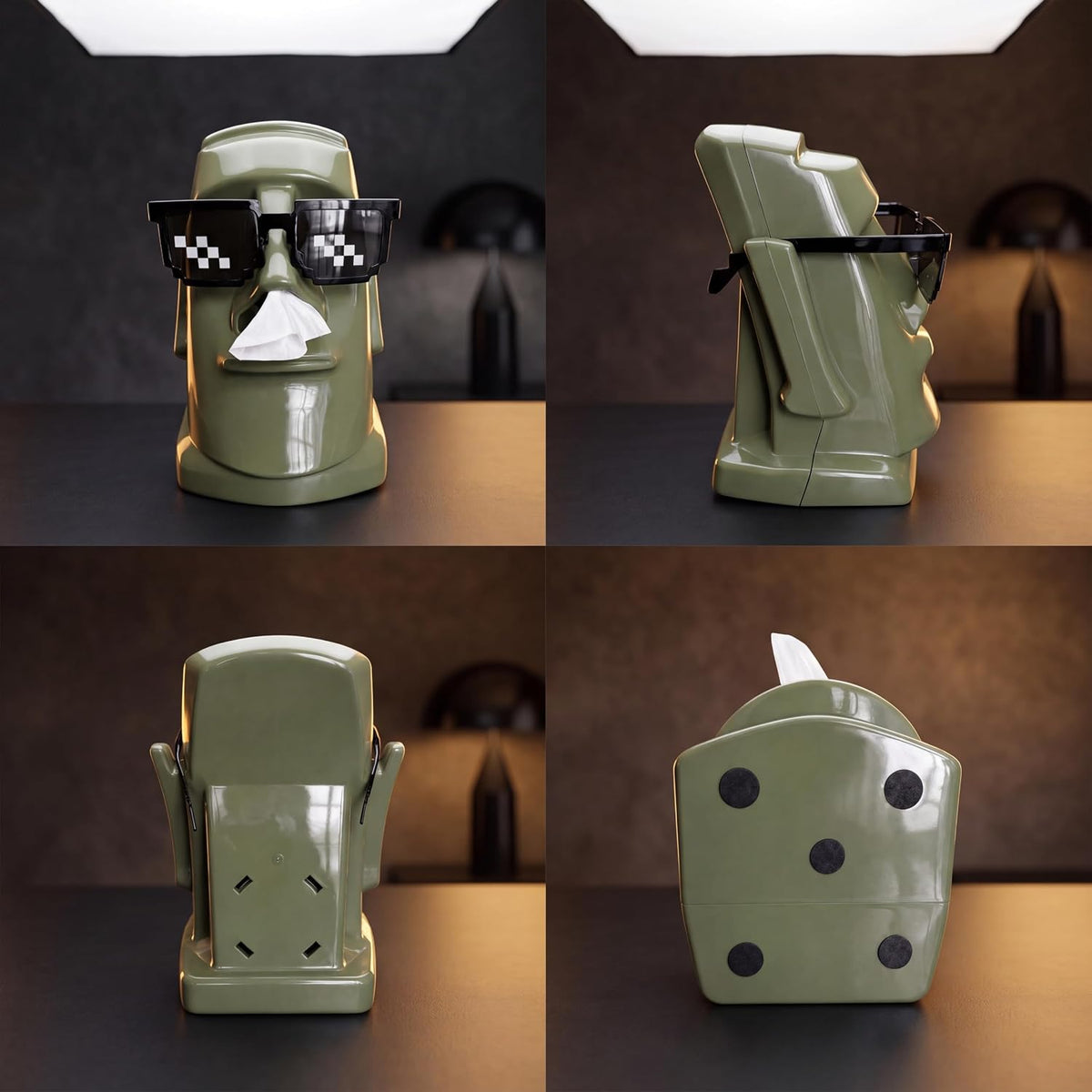 Moai Tissue Box Holder with Headphones & Glasses Holder, Suitable for Living Room, Bedroom and Other Desktop Storage Boxes, Green,Off-White,Black(Green)