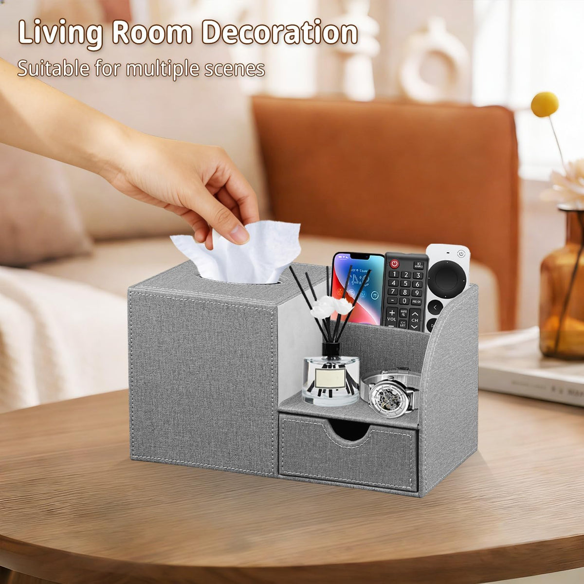 Nightstand Organizer with Tissue Holder,PU Leather Square Tissue Box Cover