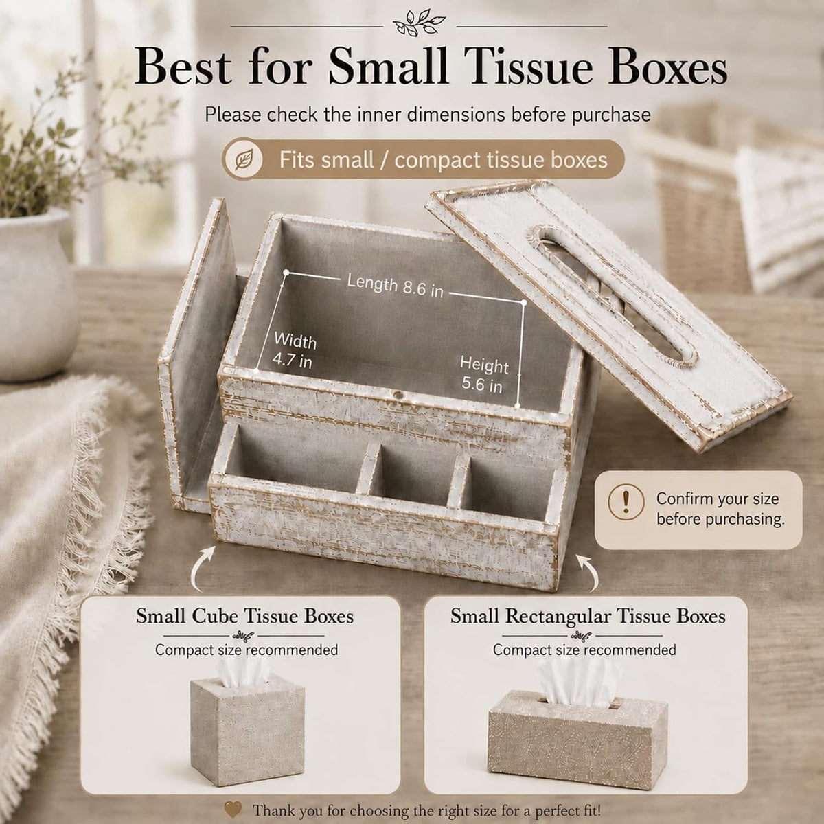 Wood Tissue Box Cover with 4 Compartments Storage,White, Pine