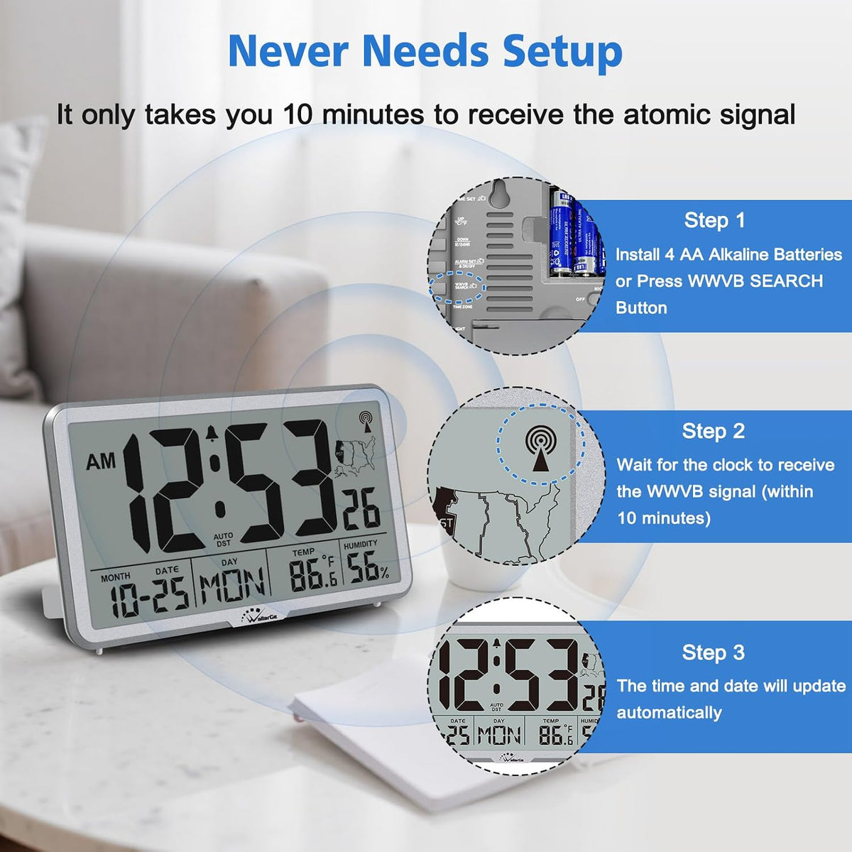 WallarGe Atomic Wall Clock with Backlight, Battery Operated