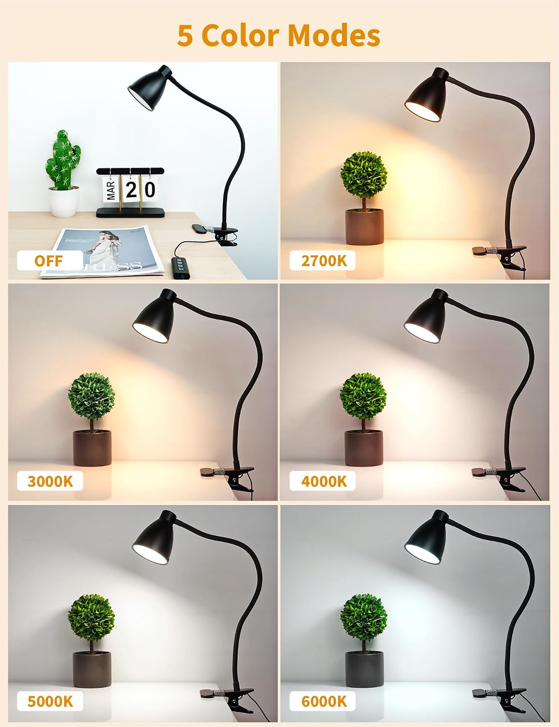 BOHON Desk Lamp 5 Color Modes 10 Brightness Dimmer Reading Light Black