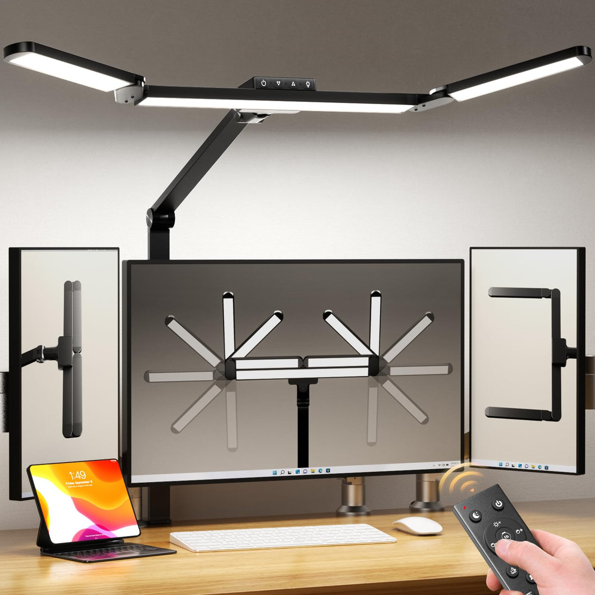 Airlonv LED Desk Lamp with Clamp, 17" Stepless Dimming Light, Black