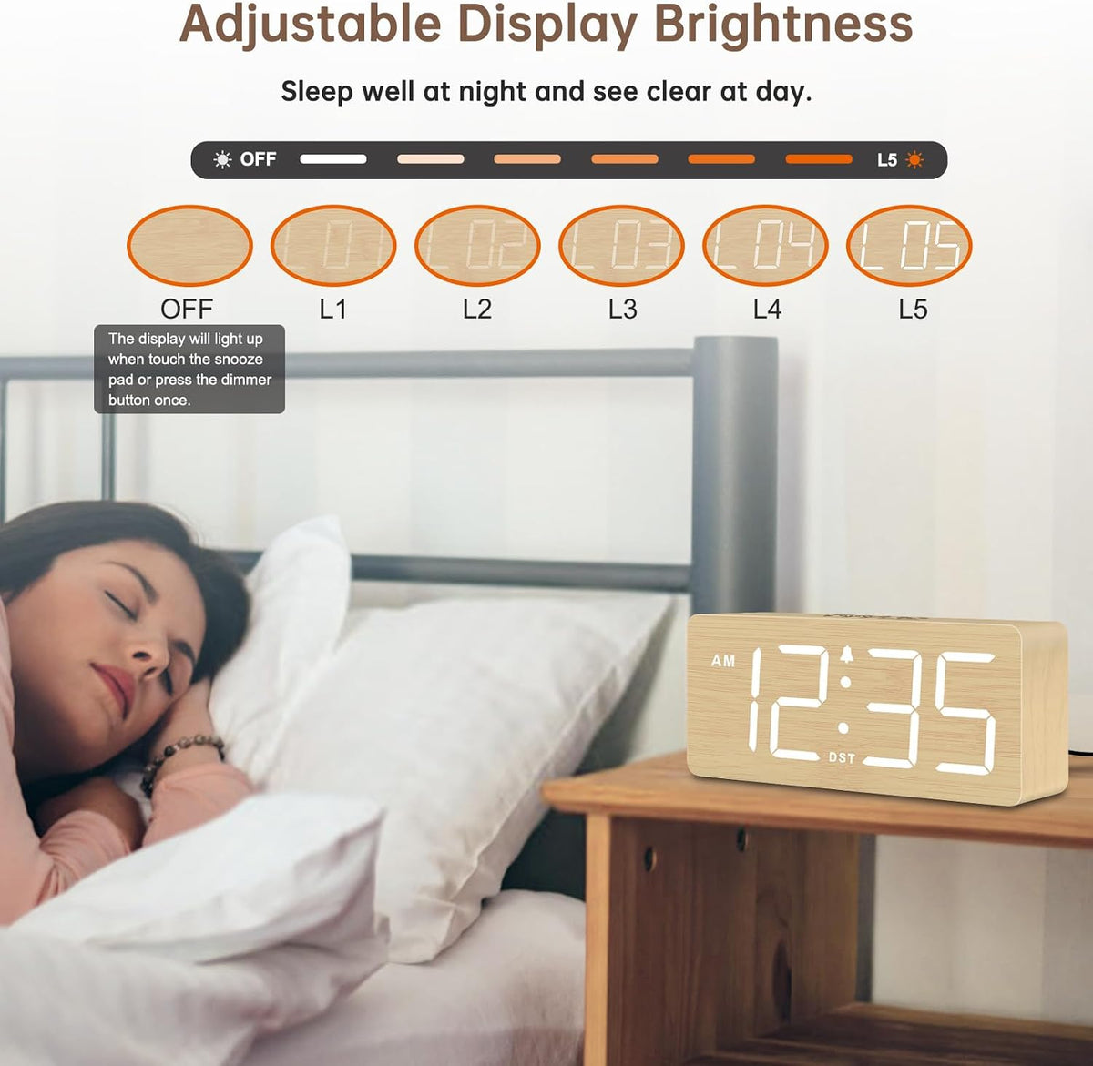 DreamSky Wooden Digital Alarm Clock for Bedroom with Large Numbers
