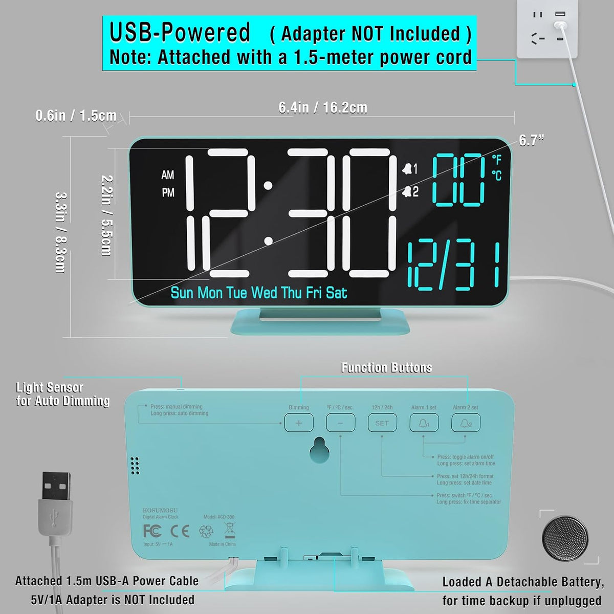 KOSUMOSU Digital Alarm Clock, 6.7in Digital Clock for Bedroom, Auto Dimming, Room Temperature, Day of The Week, Seconds, Date, Desk Clocks for Living Room, Alarm Clocks for Bedrooms