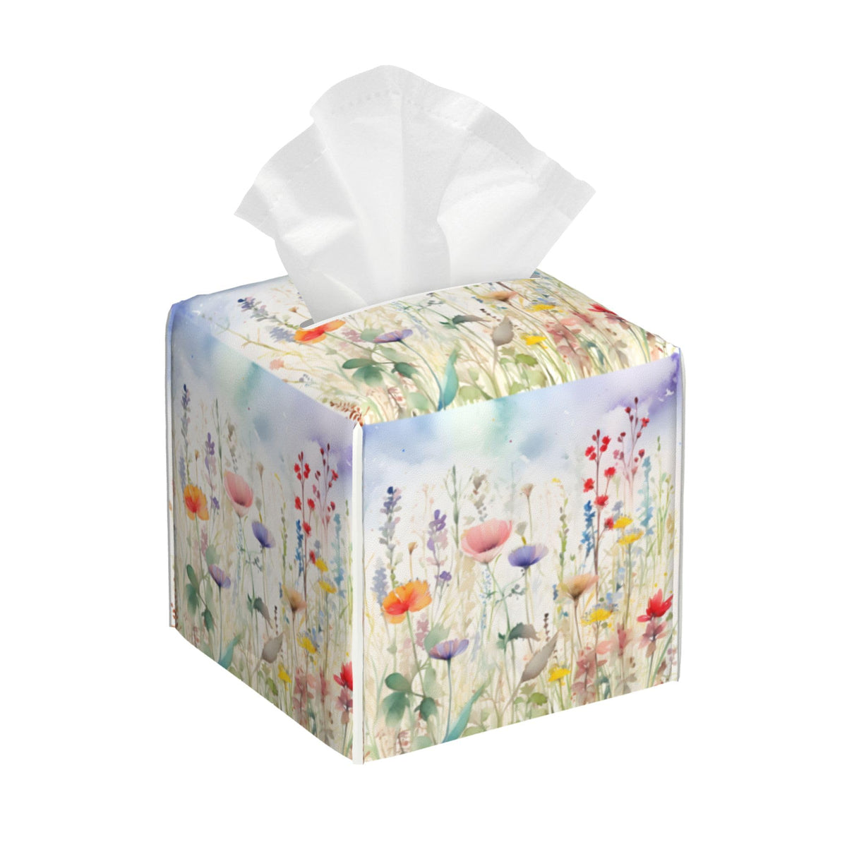 Eucalyptus Leaves and Flowers Tissue Box Cover Square,Watercolor Green Leaves Branches Tissue Box Holder Waterproof Leather Facial Paper Organizer Dispenser for Bathroom Home Car Nightstand Vanity