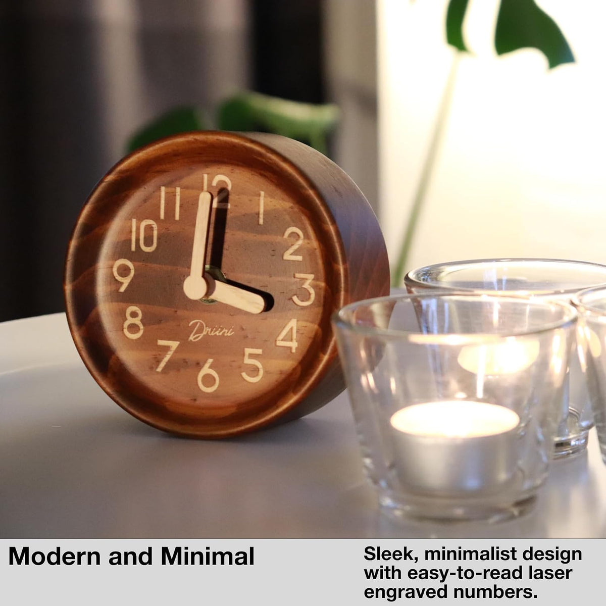 Driini Small, Silent Wooden Analog Desk Clock for Shelf or Table, Dark
