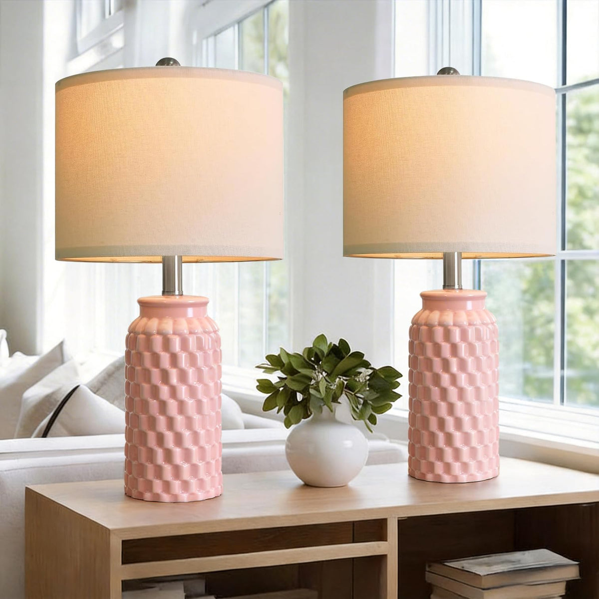 USumkky 20.5" White Modern Ceramic Bedside Lamps Set of 2, Small Table Lamp for Bedroom Decor Farmhouse Nightstand Lamp for Living Room Office