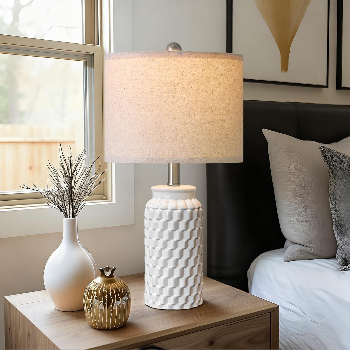 USumkky 20.5" White Modern Ceramic Bedside Lamps Set of 2, Small Table Lamp for Bedroom Decor Farmhouse Nightstand Lamp for Living Room Office