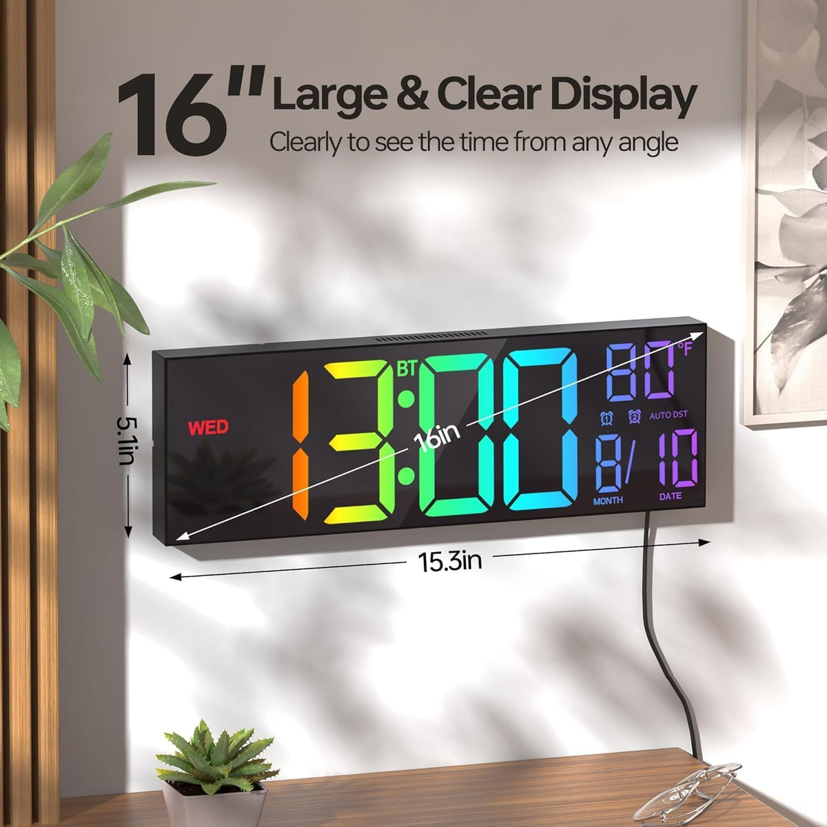 JALL 16.2" Large Digital Wall Clock with Bluetooth Sync for Classroom, RGB Digital Clock Large Display with Auto DST, Wall Clock for Bedroom Gym Office, Led Clock for Seniors (Black)