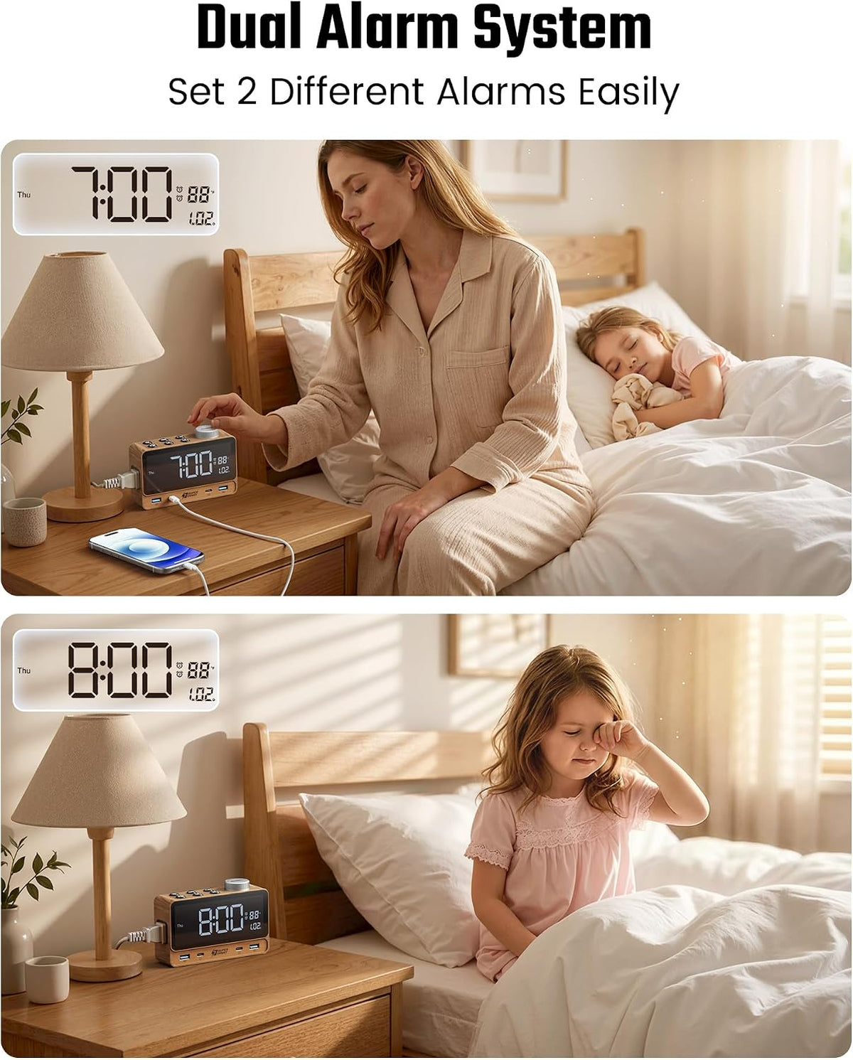 SUPERDANNY Alarm Clock with PD 20W, 4 USB Ports, Power Strip 2AC Outlets