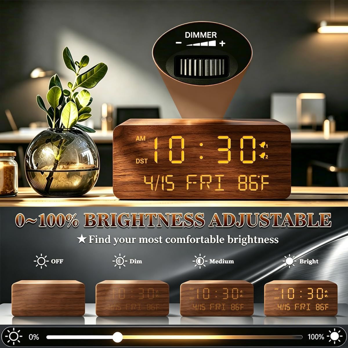 Premium Brown Wooden Digital Alarm Clock with Wireless Phone Charger, Dual USB Charging Ports, Dimmable LED Display, Date and Day of Week, Small Digital Desk Clock for Bedroom Nightstand Bedside Table