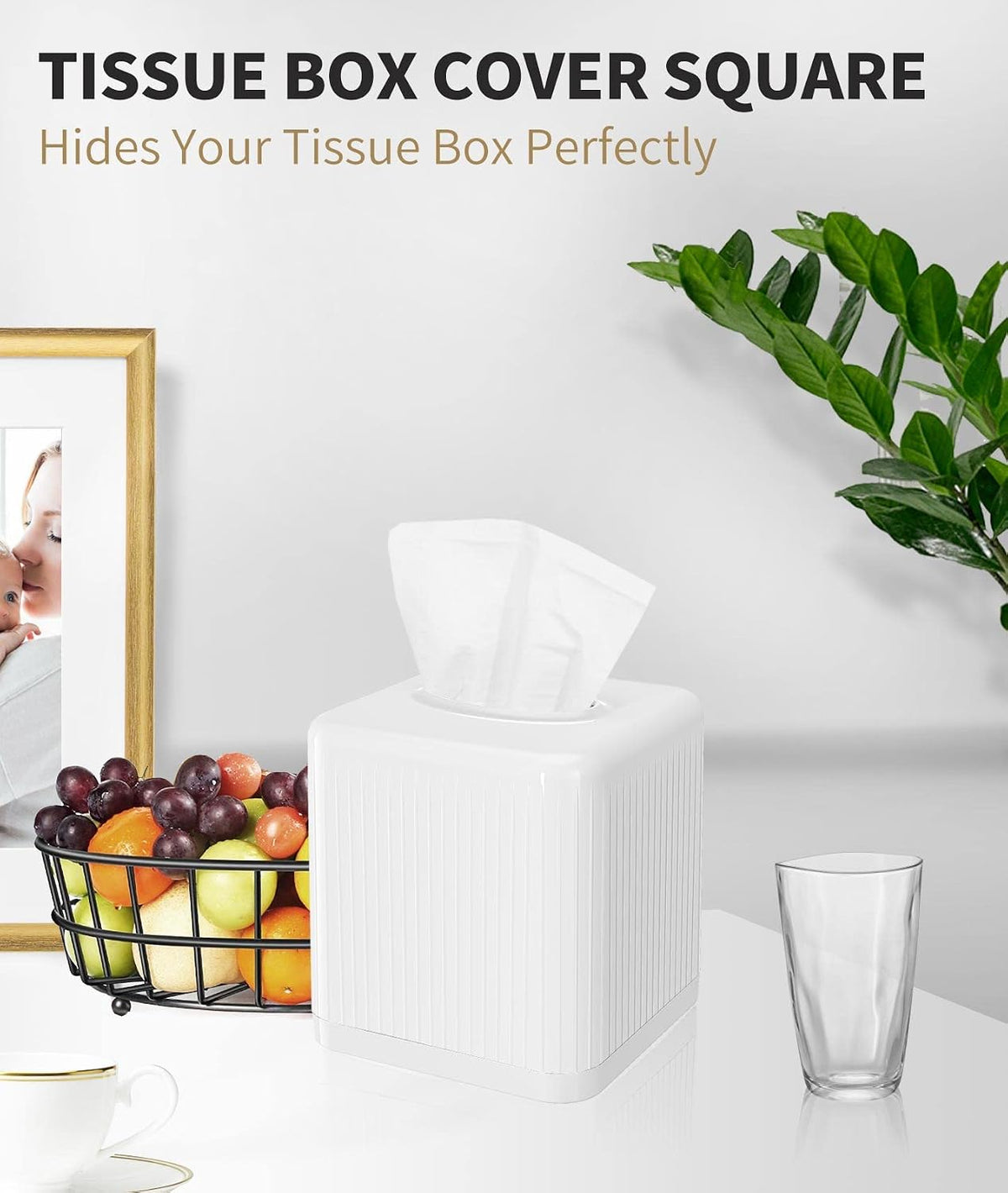 Livelab Tissue Box Cover with Base, Square Plastic Tissue Box Holder Decorative Tissue Cover Modern Cube Facial Tissue Dispenser for Bathroom Vanity Countertop, Living Room, Bedroom, Office - White