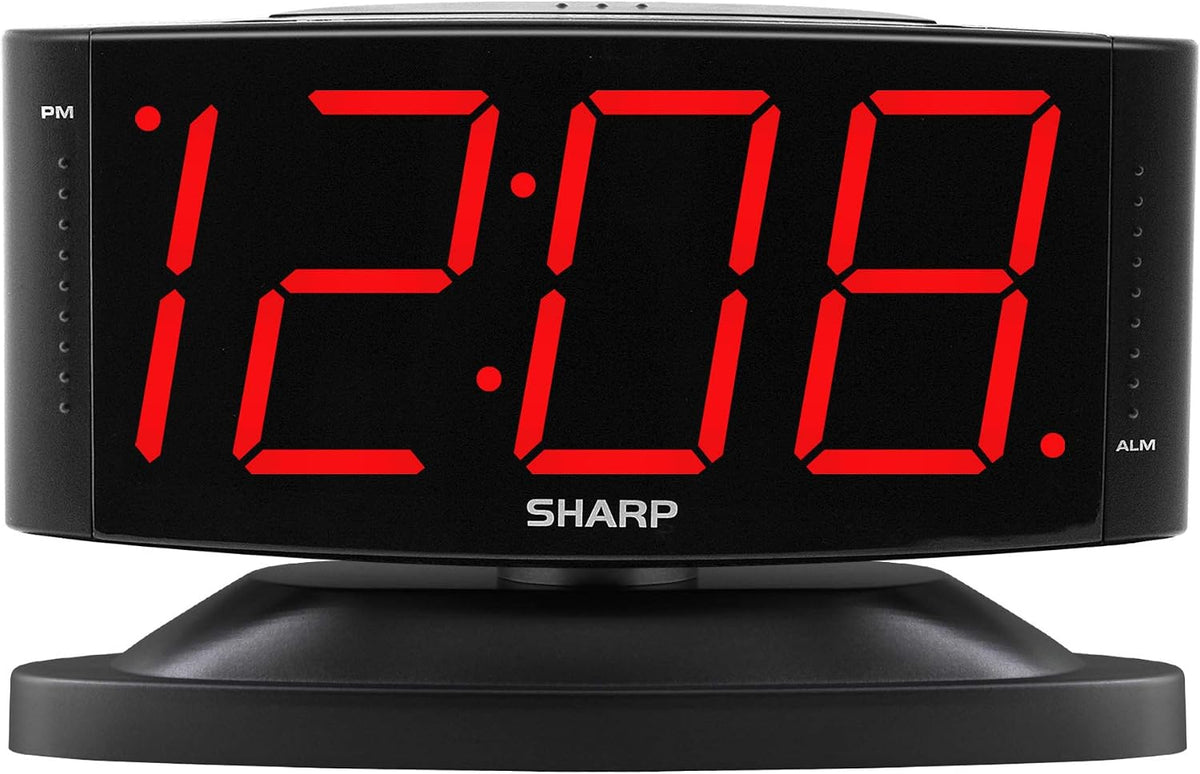 Sharp Outlet-Powered Alarm Clock with Swivel Base, Red LED, Gunmetal Grey