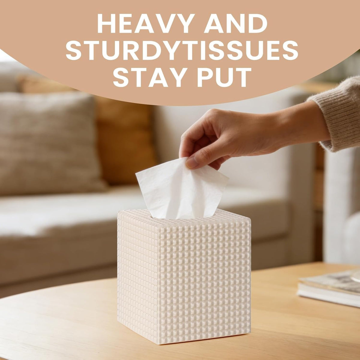 Tissue Box Cover, Square Acrylic Tissue Holder for Bathroom Vanity, Beige